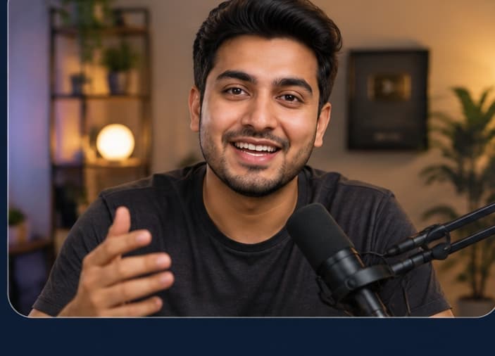 Creator recording a video at a studio microphone